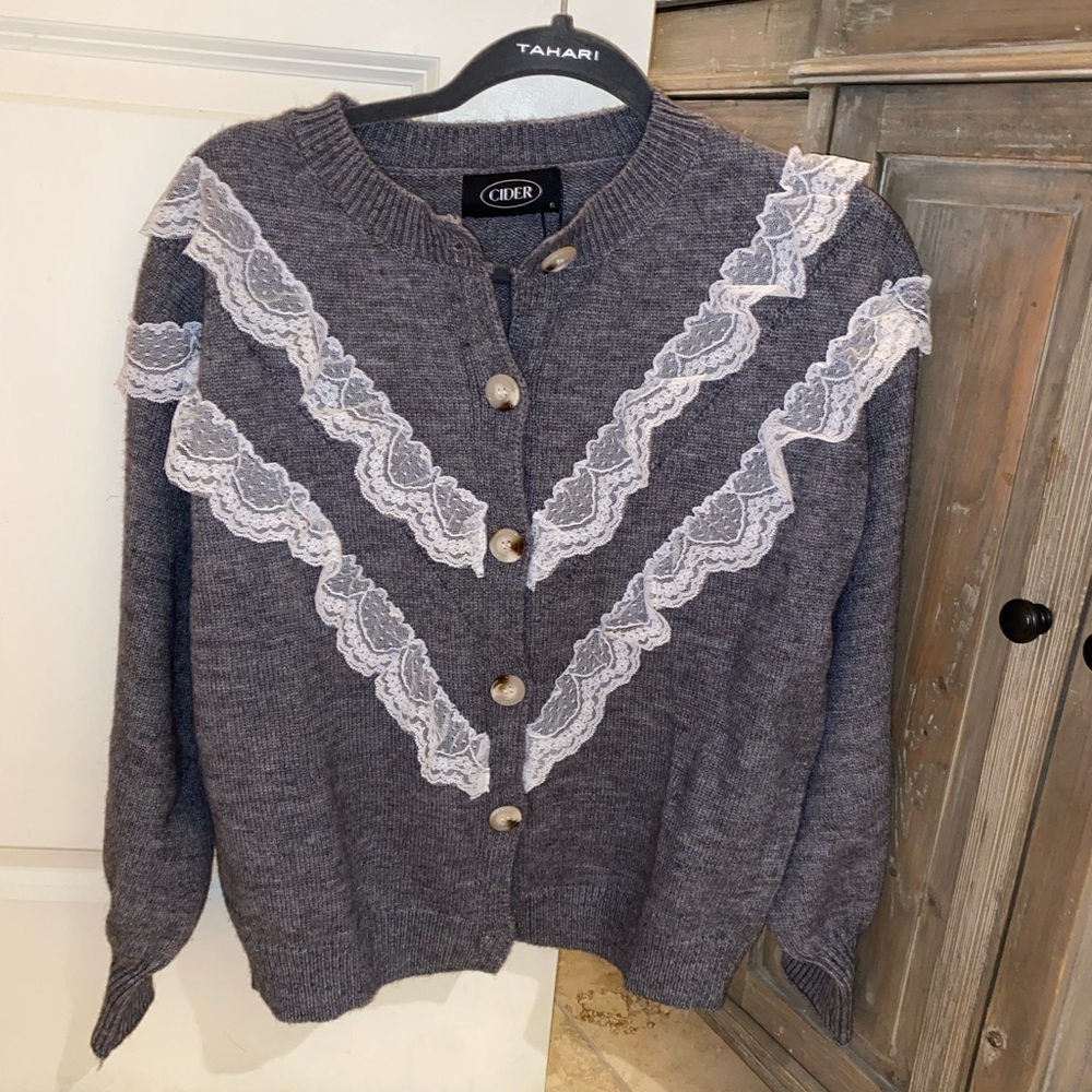 Grey lace ruffle sweater